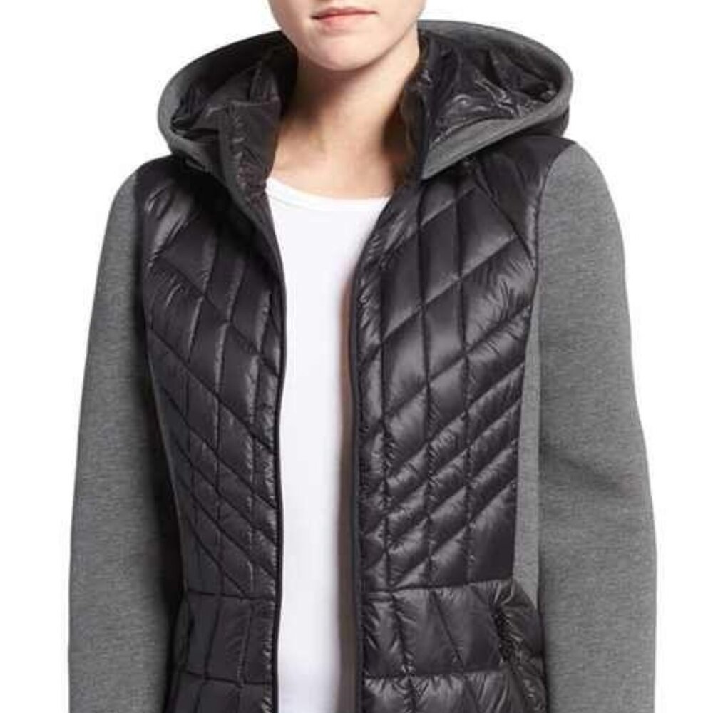 Bernardo Quilted Jacket Women's Size L Black Grey Hooded Primaloft Packable